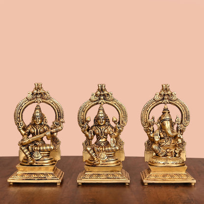 Brass Lakshmi, Ganesha, And Saraswati On Throne Set (8 Inch)