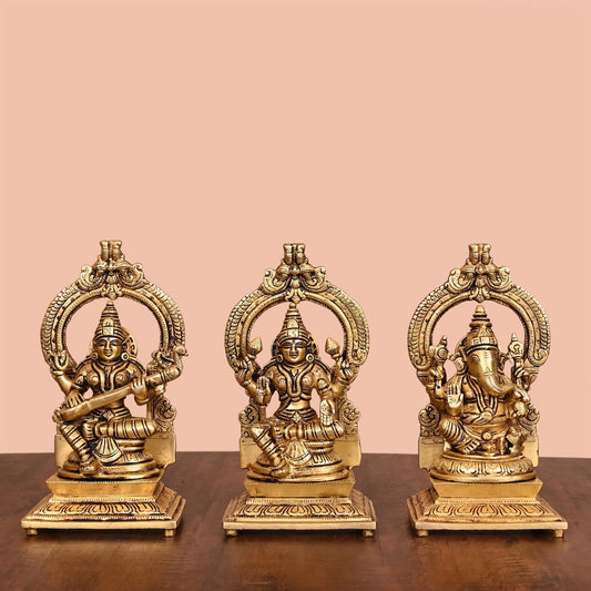 Brass Lakshmi, Ganesha, And Saraswati On Throne Set (8 Inch)