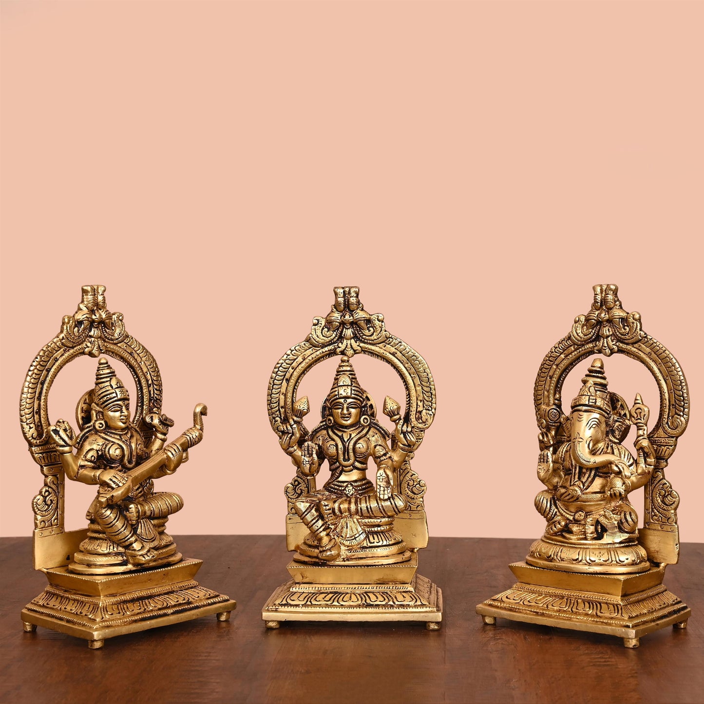 Brass Lakshmi, Ganesha, And Saraswati On Throne Set (8 Inch)