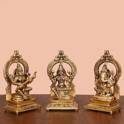 Brass Lakshmi, Ganesha, And Saraswati On Throne Set (8 Inch)