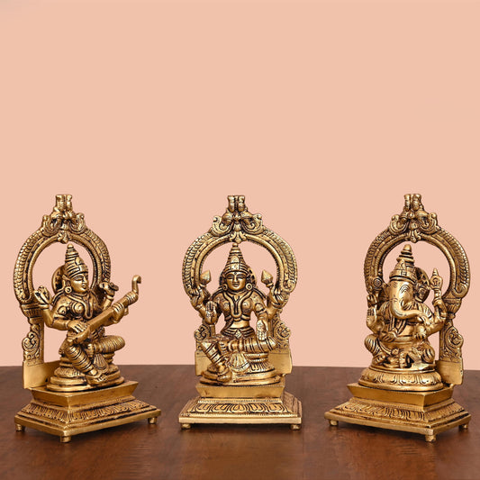 Brass Lakshmi, Ganesha, And Saraswati On Throne Set (8 Inch)