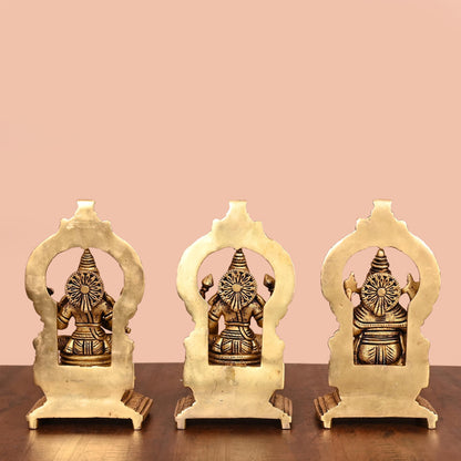 Brass Lakshmi, Ganesha, And Saraswati On Throne Set (8 Inch)