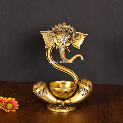 Brass Modern Ganesha Idol With Akhand Diya (8.8 Inch)