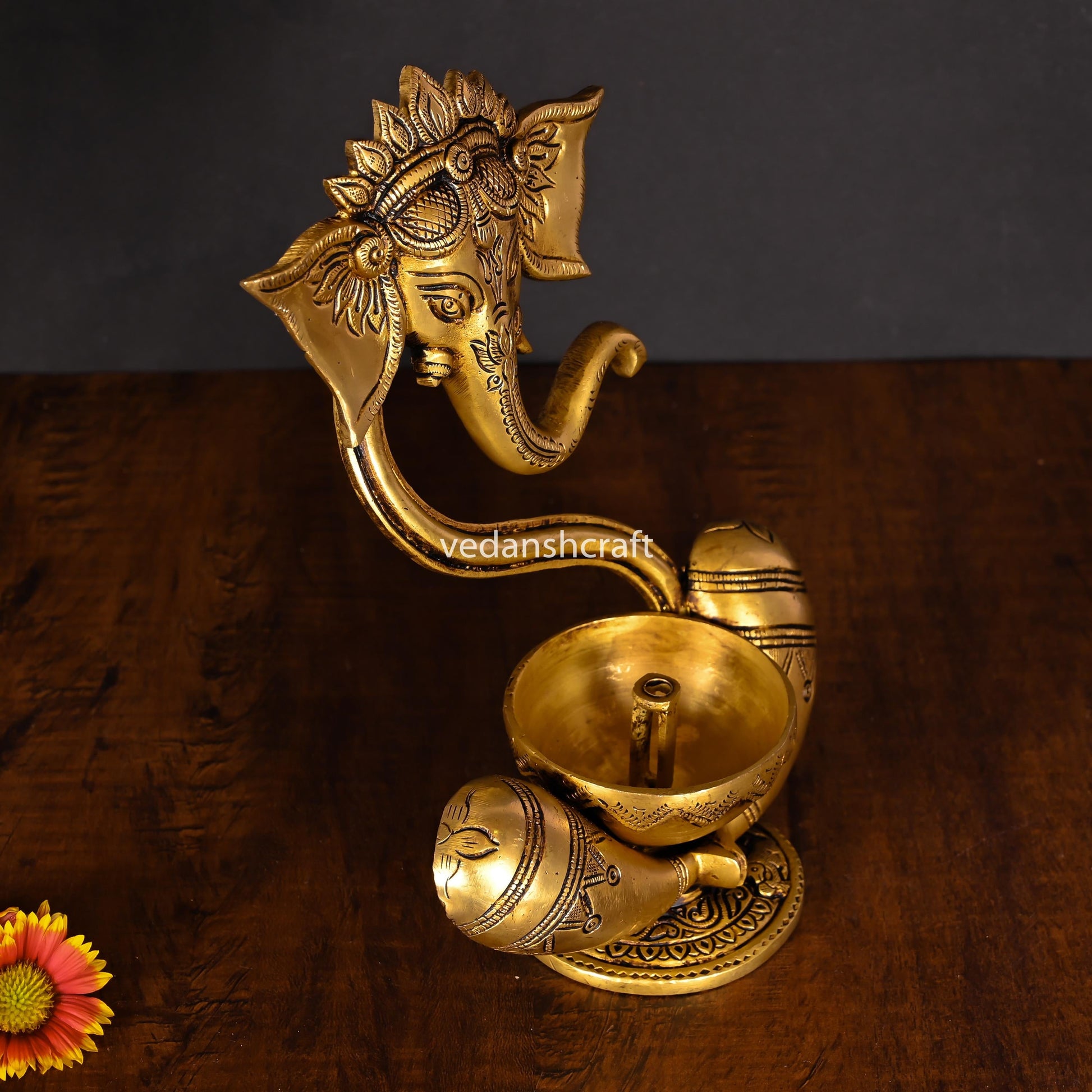 Brass Modern Ganesha Idol With Akhand Diya (8.8 Inch)