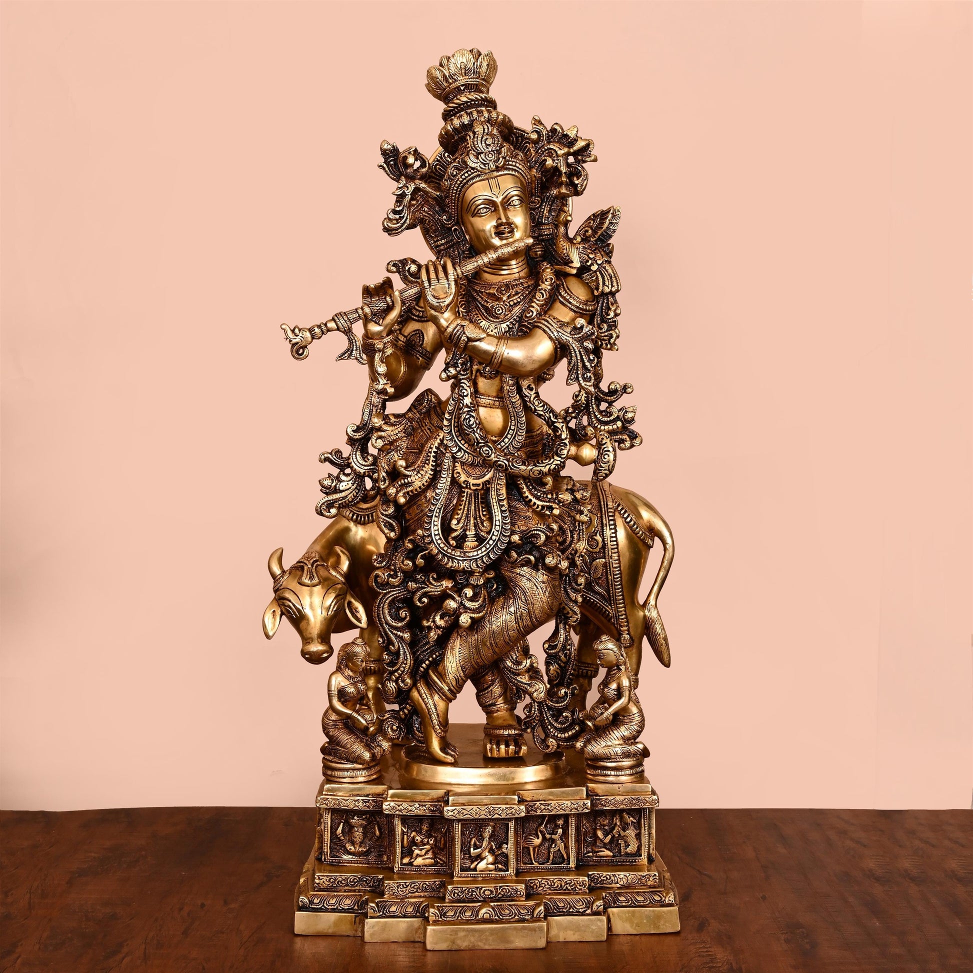 Brass Lord Krishna With Cow Idol (27.5 Inch)