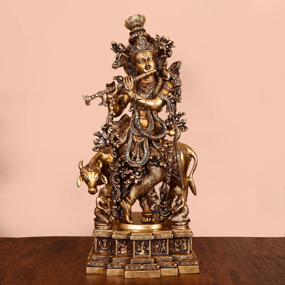 Brass Lord Krishna With Cow Idol (27.5 Inch)