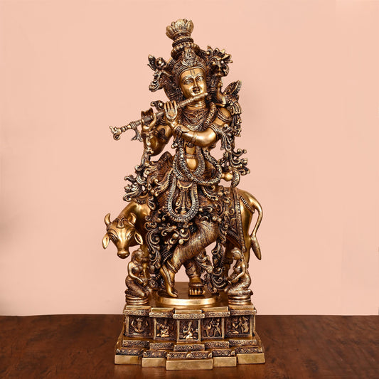 Brass Lord Krishna With Cow Idol (27.5 Inch)