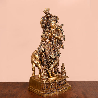 Brass Lord Krishna With Cow Idol (27.5 Inch)