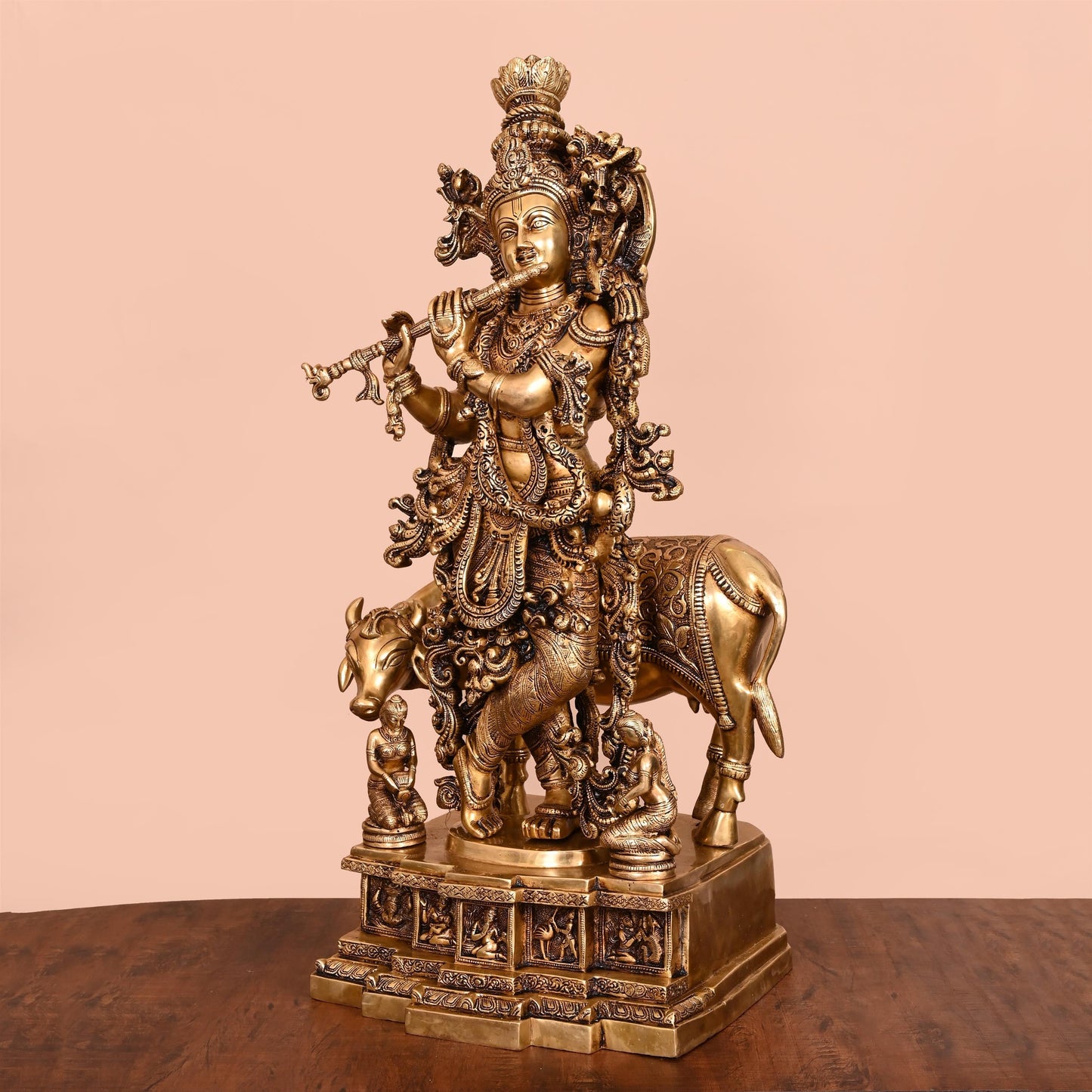Brass Lord Krishna With Cow Idol (27.5 Inch)