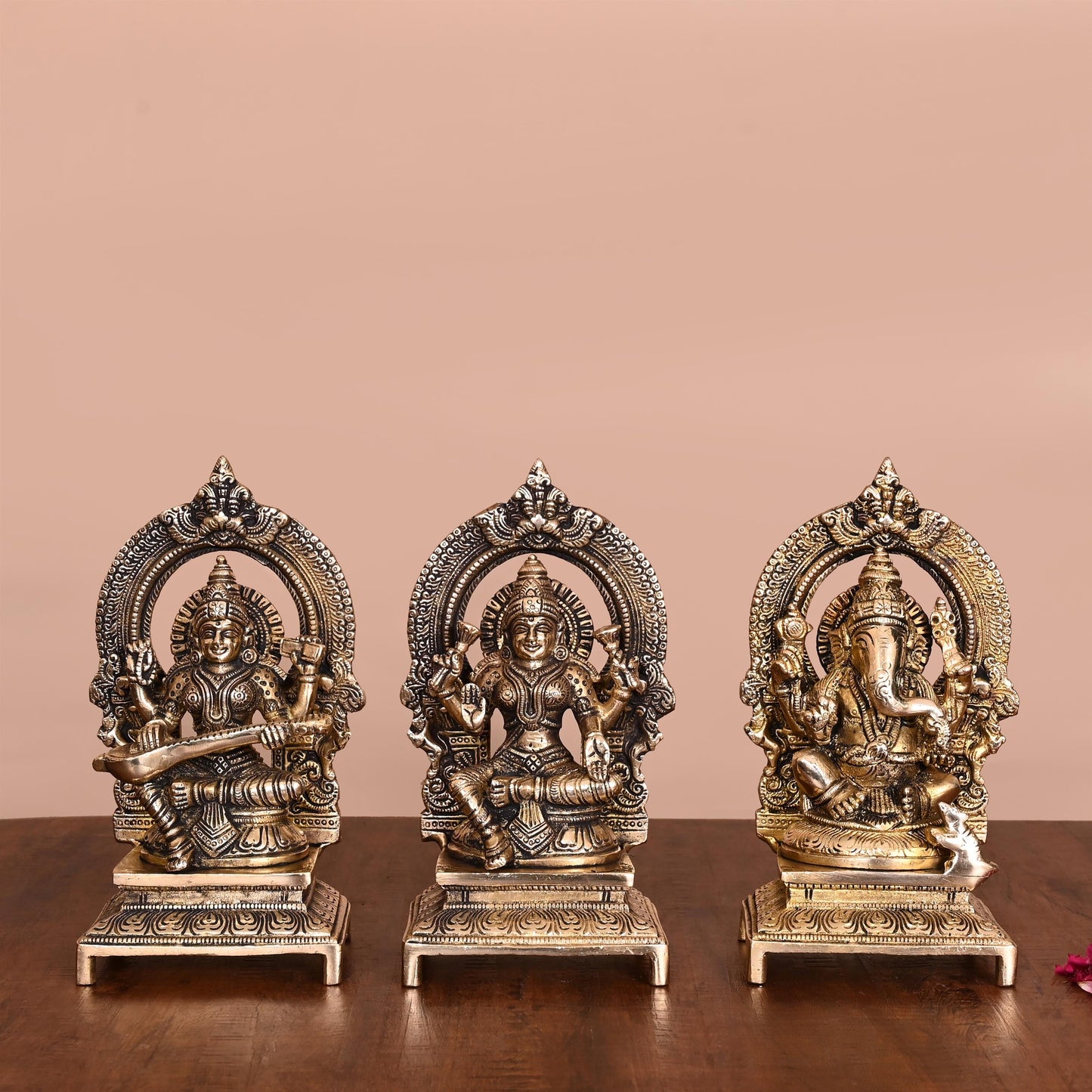 Brass Lakshmi, Ganesha, And Saraswati On Throne Set (7.5 Inch)