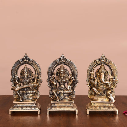 Brass Lakshmi, Ganesha, And Saraswati On Throne Set (7.5 Inch)
