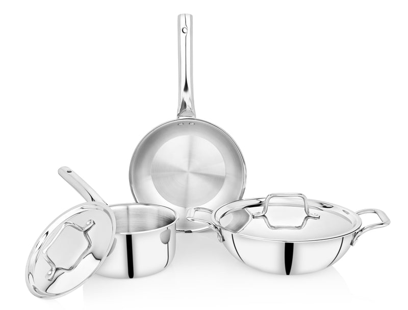 Praylady Triplus Triply Stainless Steel Cookware Set – 5 Pieces (Fry Pan + Sauce Pan + Kadai/Casserole + Lid) | Induction Base