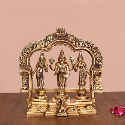 Brass Lord Balaji, Sri Devi And Bhudevi With Prabhavali Frame (8.8 Inch)