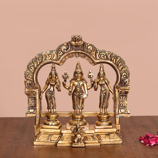 Brass Lord Balaji, Sri Devi And Bhudevi With Prabhavali Frame (8.8 Inch)