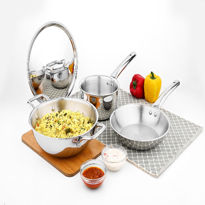 Praylady Triplus Triply Stainless Steel Cookware Set – 4 Pieces (Fry Pan + Tadka Pan + Kadai/Casserole + Lid) | Induction Base