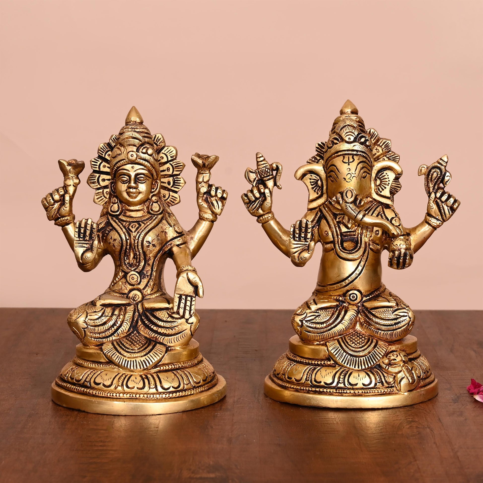 Brass Ganesha And Lakshmi Idols (6.8 Inch)