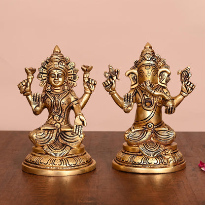 Brass Ganesha And Lakshmi Idols (6.8 Inch)