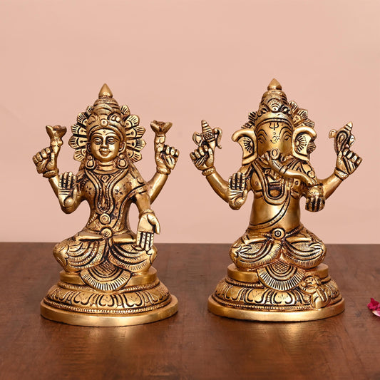 Brass Ganesha And Lakshmi Idols (6.8 Inch)