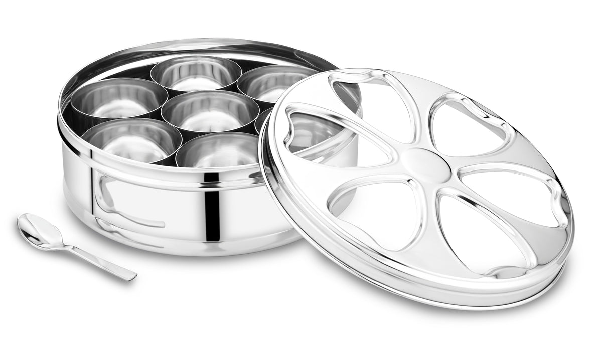 Praylady Dry Fruit Box & Masala Box | 7 Cups with Spoon | Food Grade Stainless Steel | Heart Design See Through Lid | 21 CM