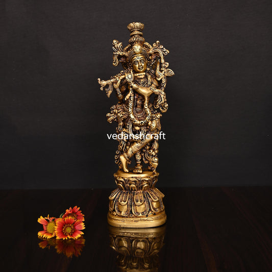 Brass Lord Krishna With Base Idol/Statue (14 Inch)