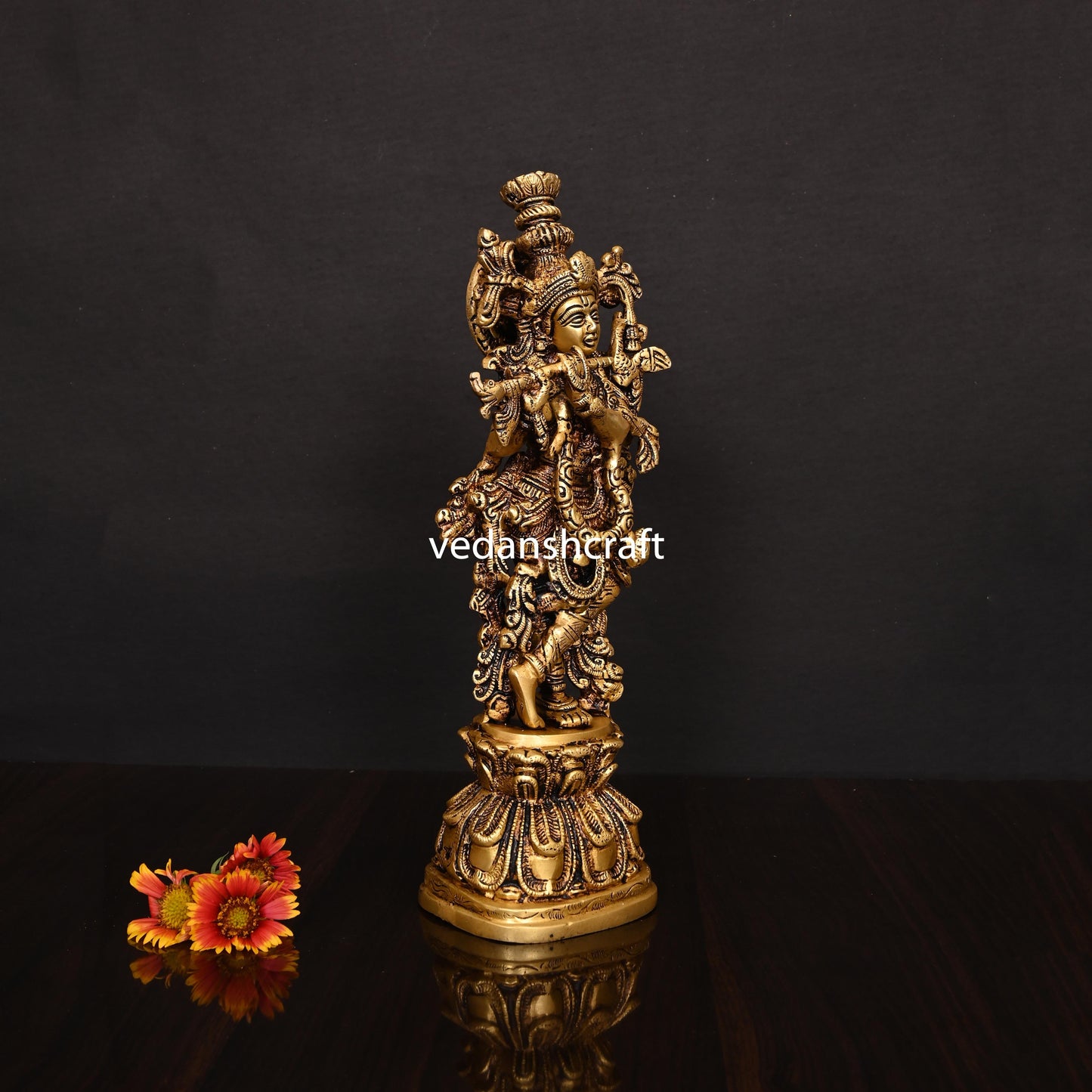 Brass Lord Krishna With Base Idol/Statue (14 Inch)
