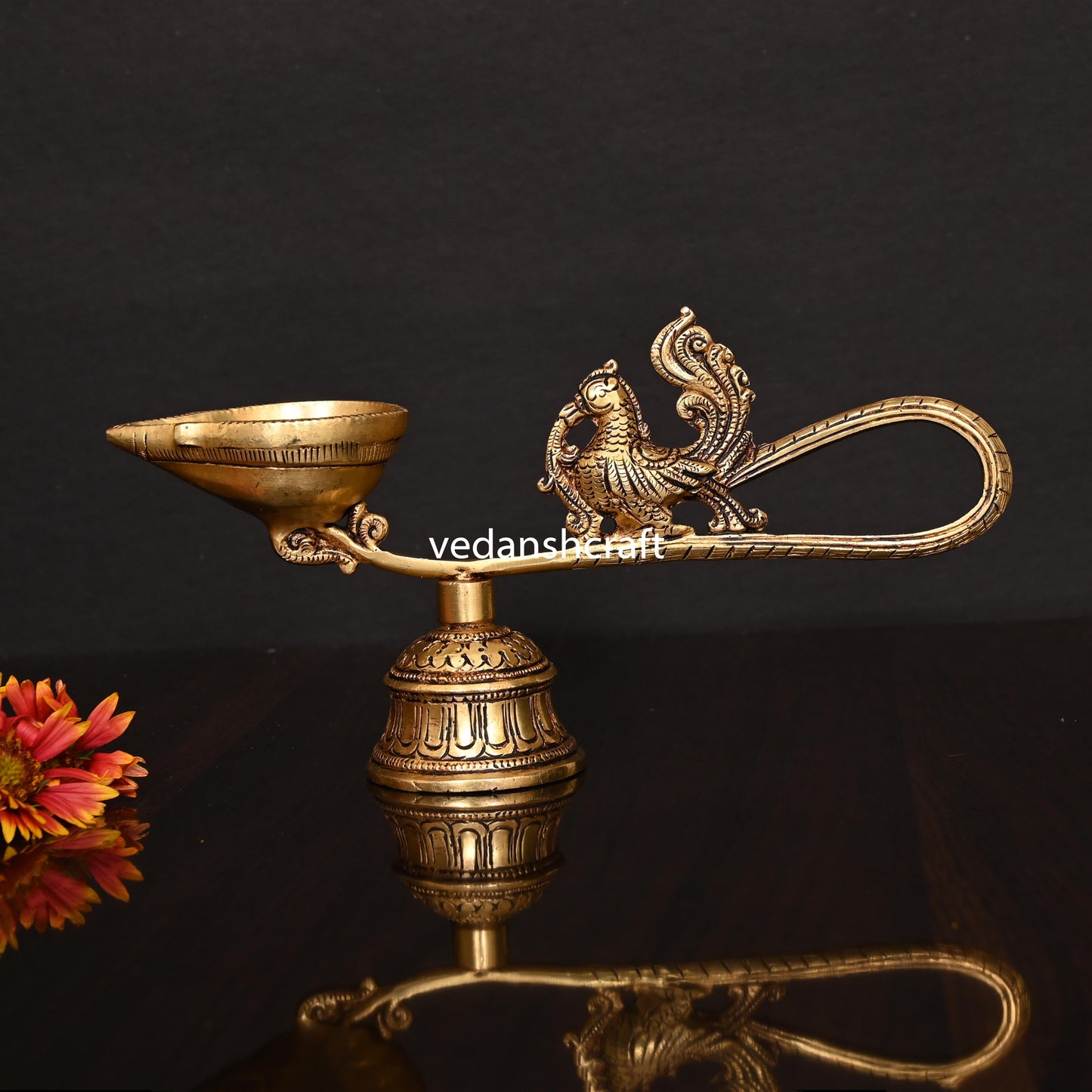 Brass Ethnic Peacock Diya With Bell (4.5 Inch)