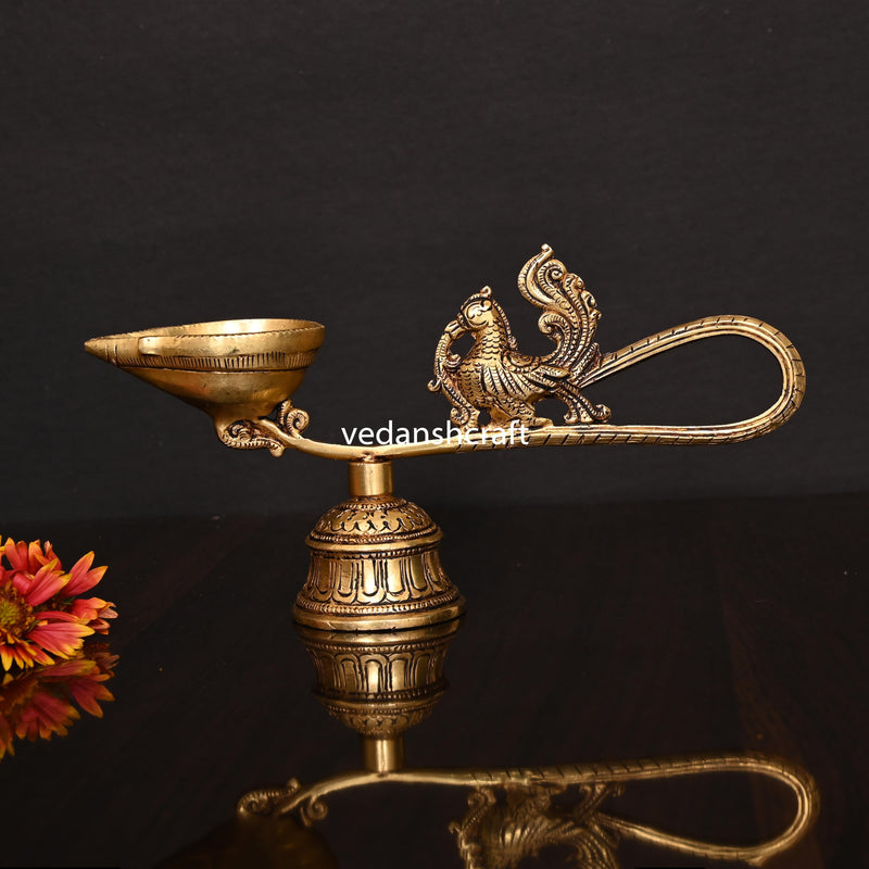Brass Ethnic Peacock Diya With Bell (4.5 Inch)