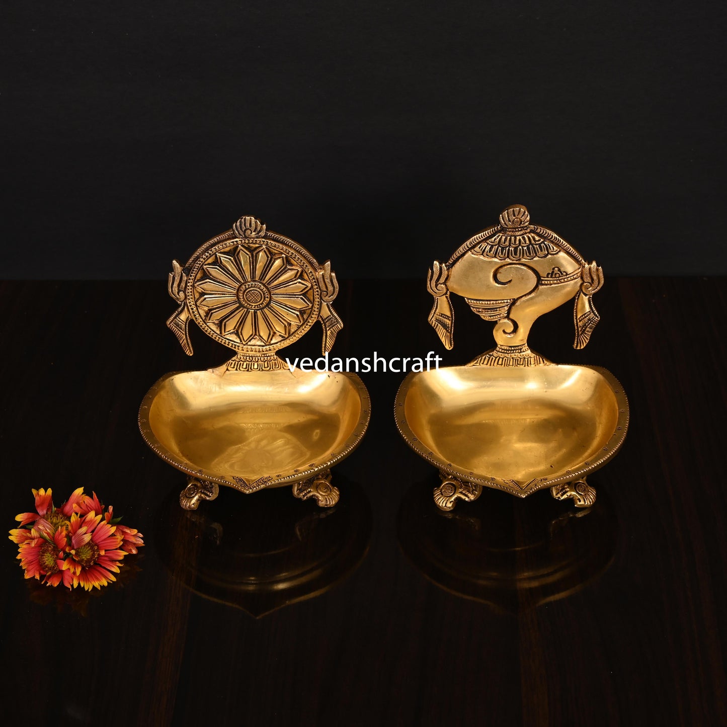 Brass Shankh And Chakra Diya Set (6 Inch)