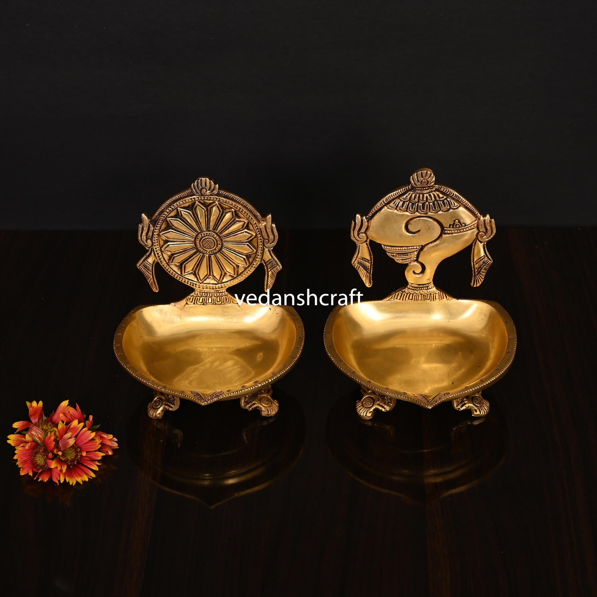 Brass Shankh And Chakra Diya Set (6 Inch)