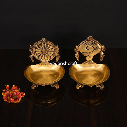 Brass Shankh And Chakra Diya Set (6 Inch)