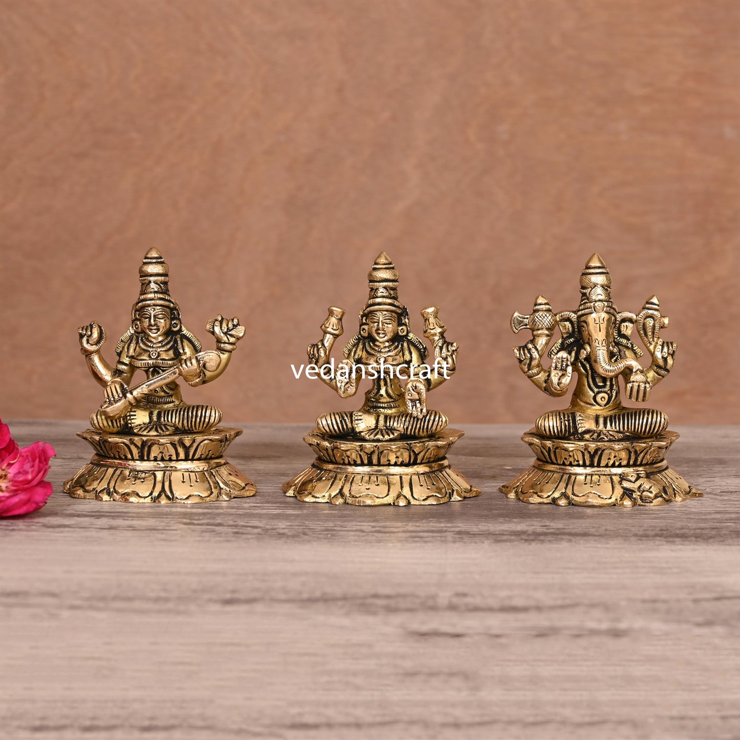 Brass Ganesha Lakshmi Saraswati On Lotus (3 Inch)