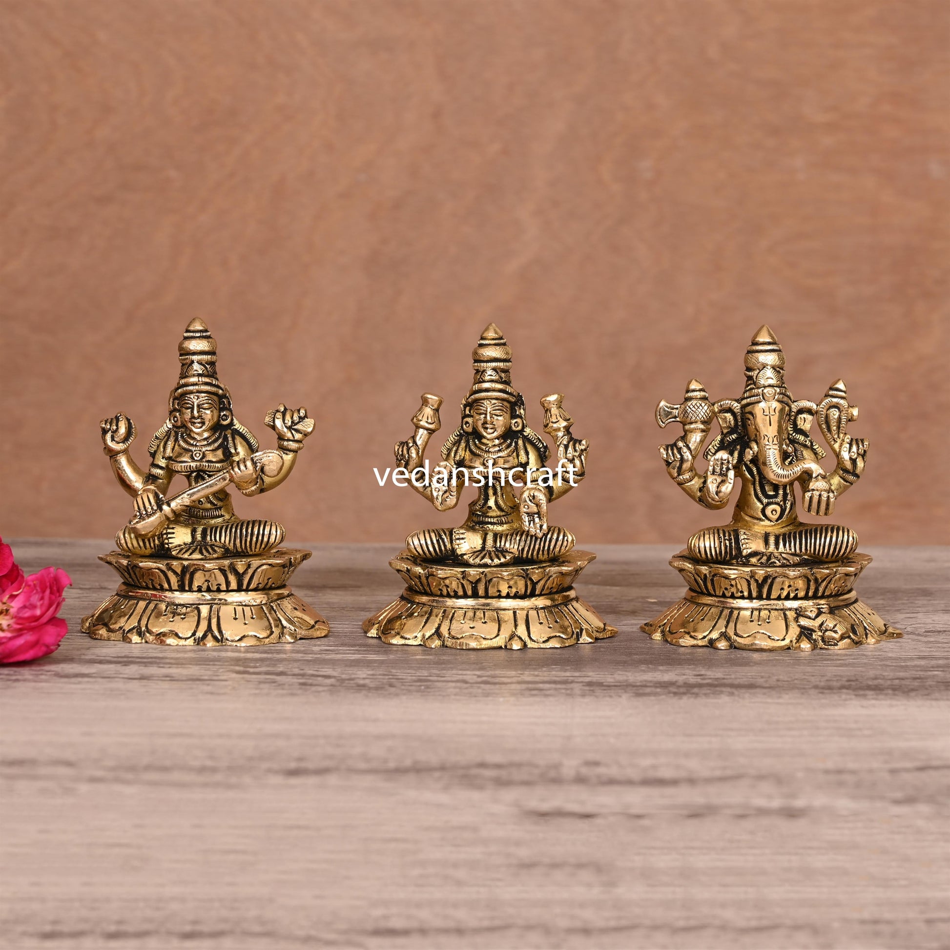 Brass Ganesha Lakshmi Saraswati On Lotus (3 Inch)
