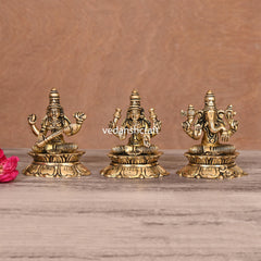 Brass Ganesha Lakshmi Saraswati On Lotus (3 Inch)