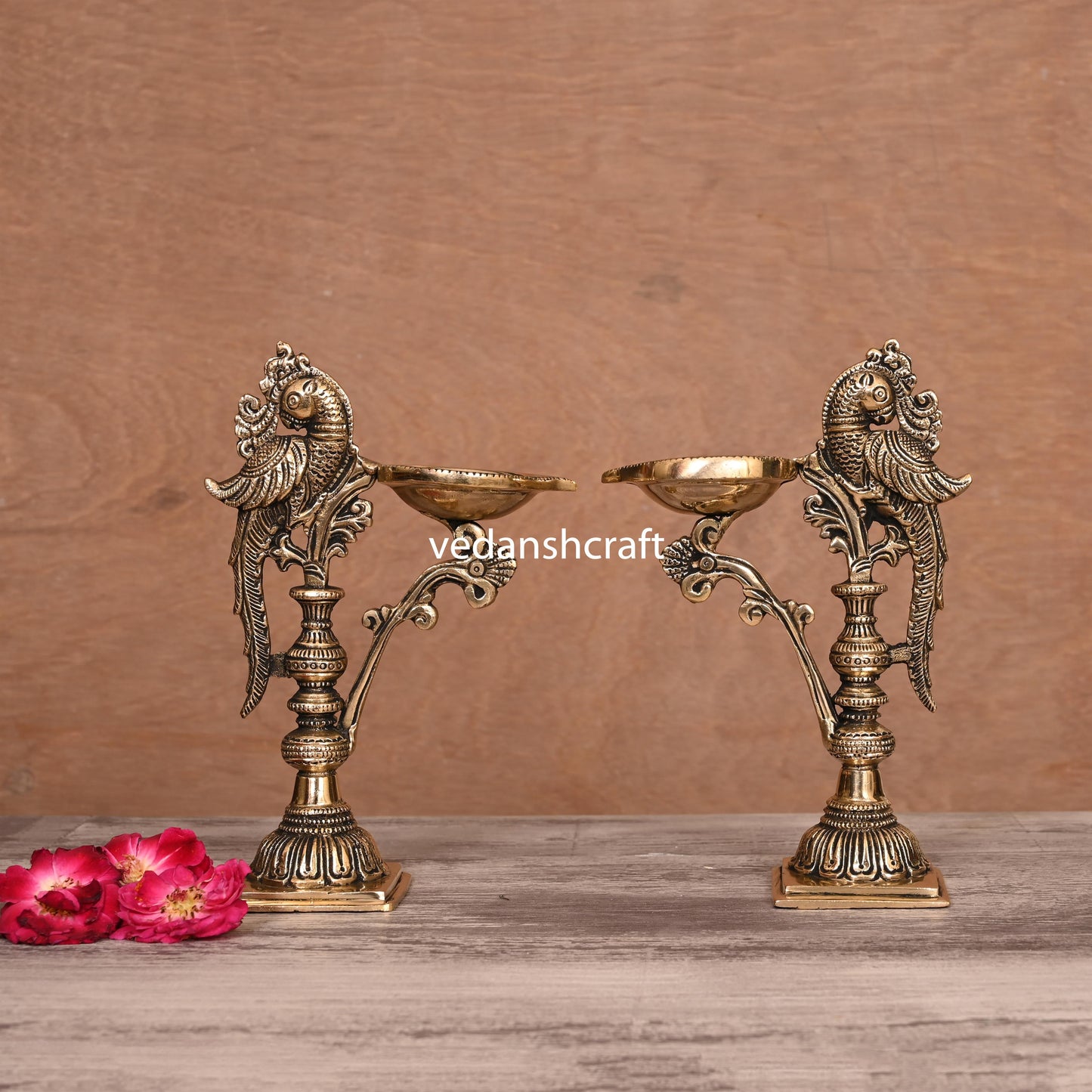 Brass Ethnic Peacock Lamp Pair (7.5 Inch)