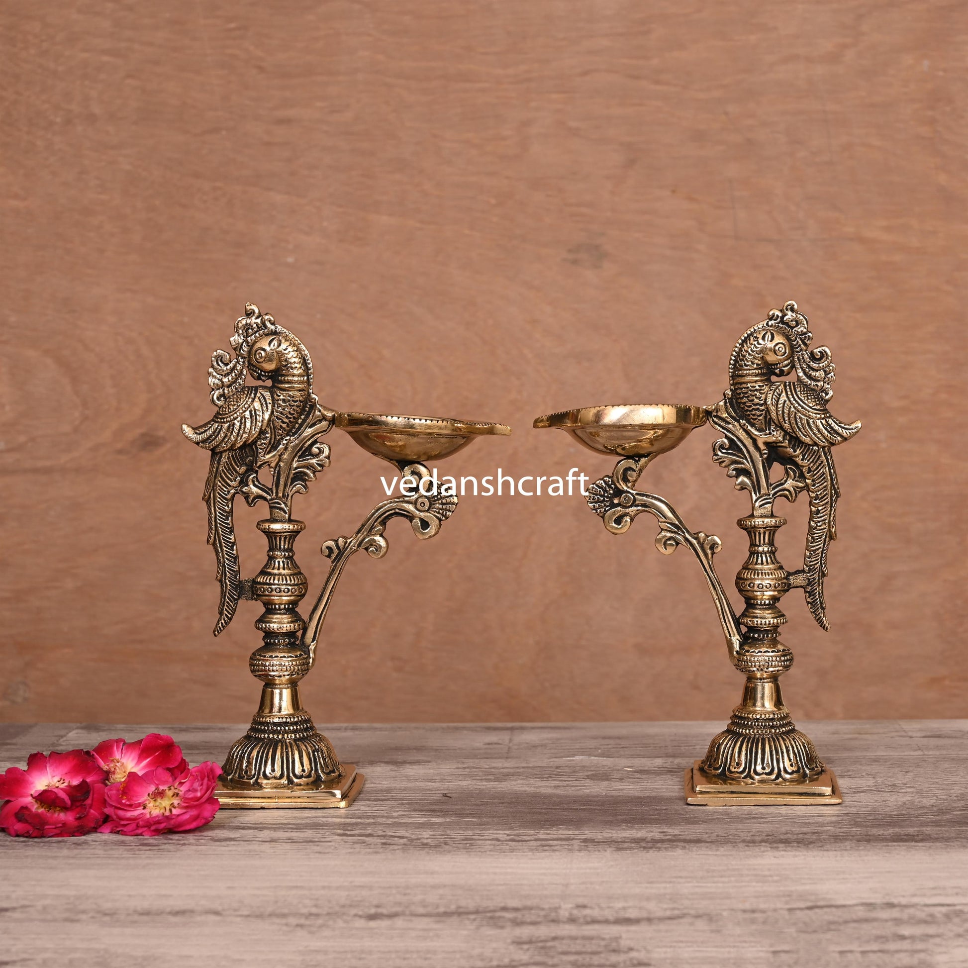 Brass Ethnic Peacock Lamp Pair (7.5 Inch)