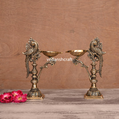 Brass Ethnic Peacock Lamp Pair (7.5 Inch)