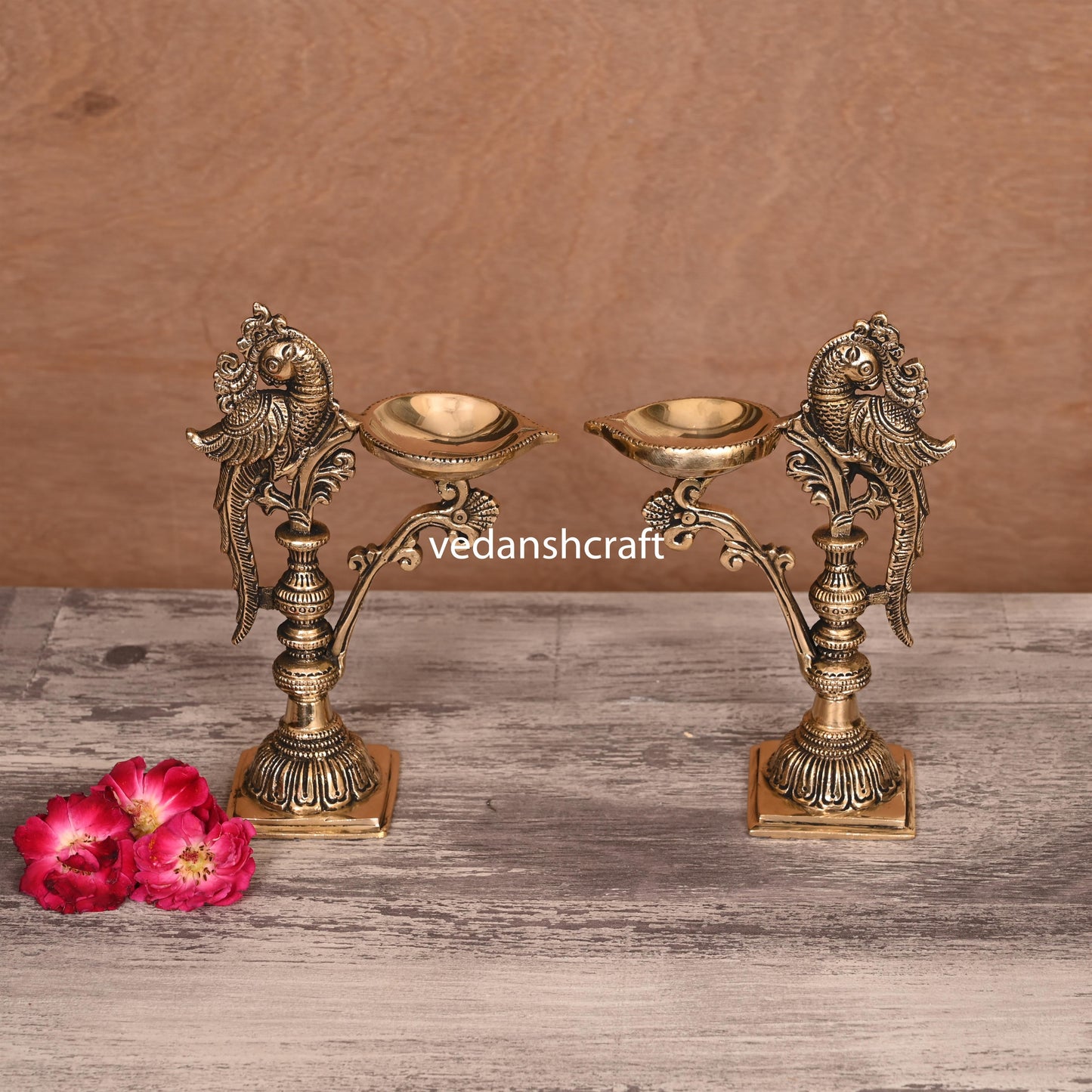 Brass Ethnic Peacock Lamp Pair (7.5 Inch)