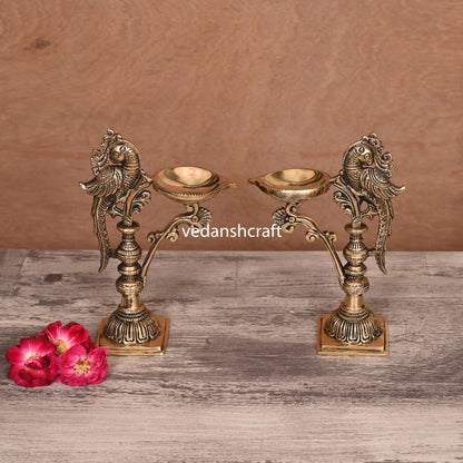 Brass Ethnic Peacock Lamp Pair (7.5 Inch)