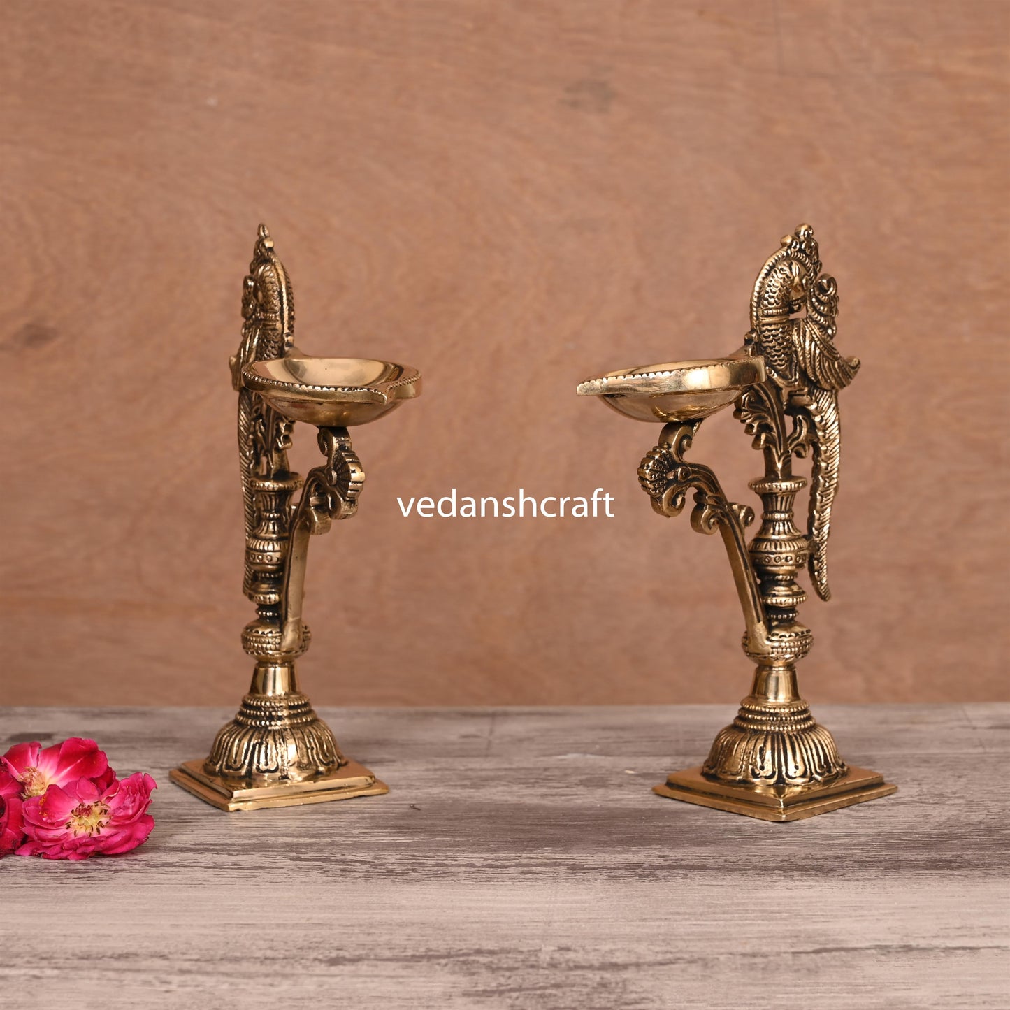 Brass Ethnic Peacock Lamp Pair (7.5 Inch)