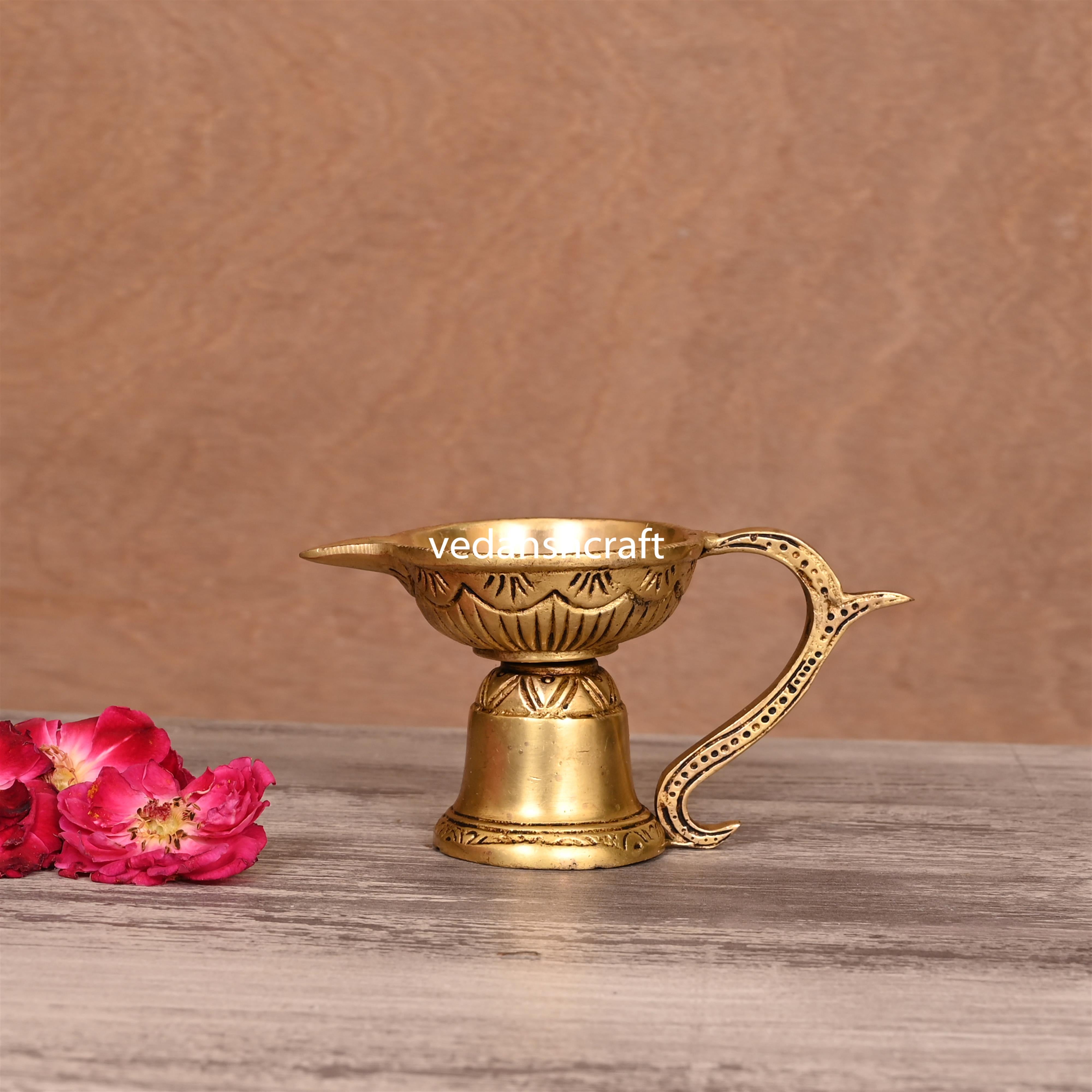 Brass Ethnic Hand carved Diya With Handle (2.5 Inch)