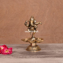 Brass Dancing Ganesha Five Petal Diya (5.5 Inch)