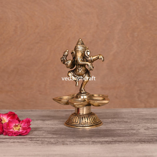 Brass Dancing Ganesha Five Petal Diya (5.5 Inch)