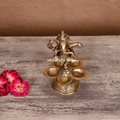 Brass Dancing Ganesha Five Petal Diya (5.5 Inch)