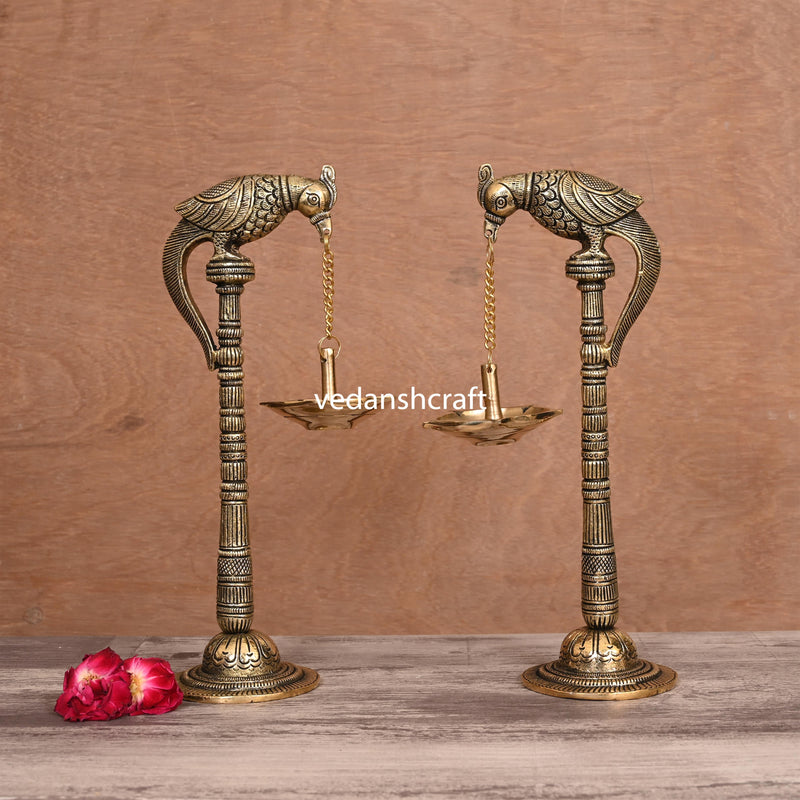 Brass Peacock Hanging Diya Pair (11 Inch)