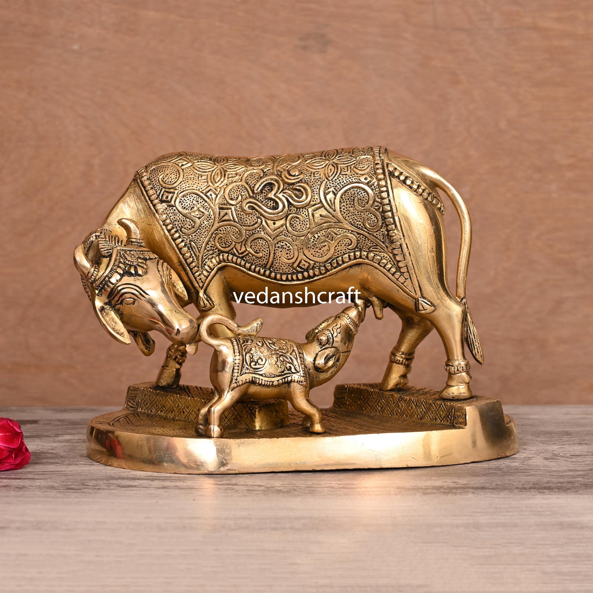 Brass Kamdhenu Cow With Calf Idol (6")