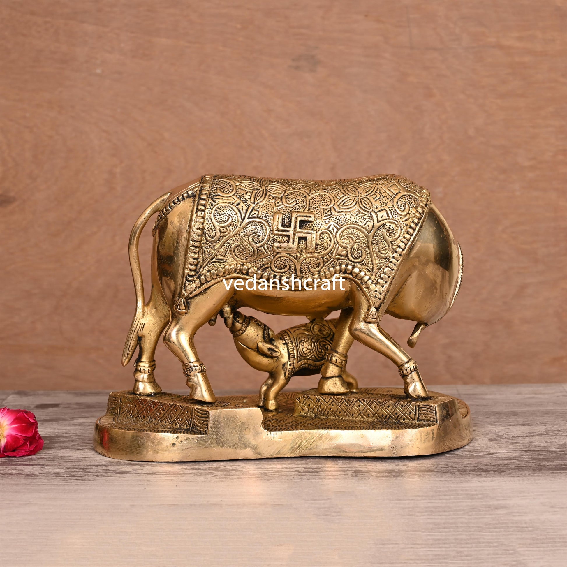 Brass Kamdhenu Cow With Calf Idol (6")
