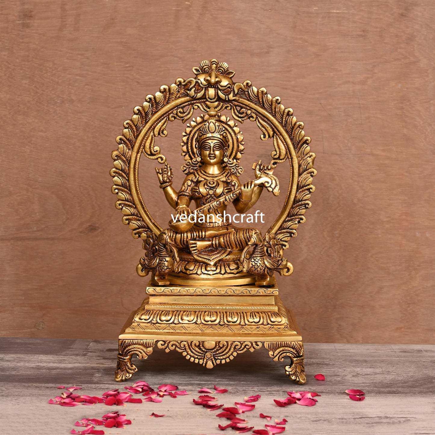 Brass Superfine Lakshmi, Ganesha And Saraswati On Throne Idol Set (14 Inch)