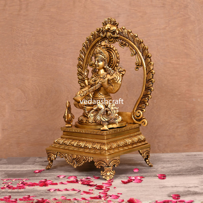 Brass Superfine Lakshmi, Ganesha And Saraswati On Throne Idol Set (14 Inch)
