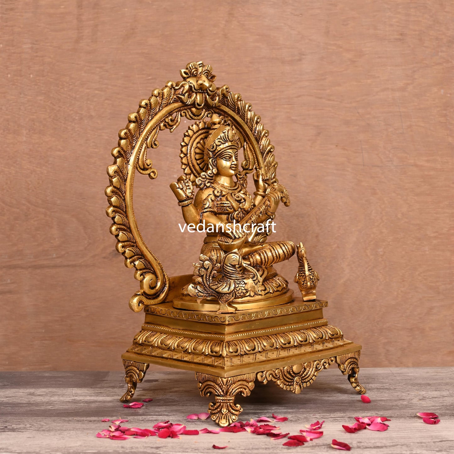 Brass Superfine Saraswati On Throne (14 Inch)