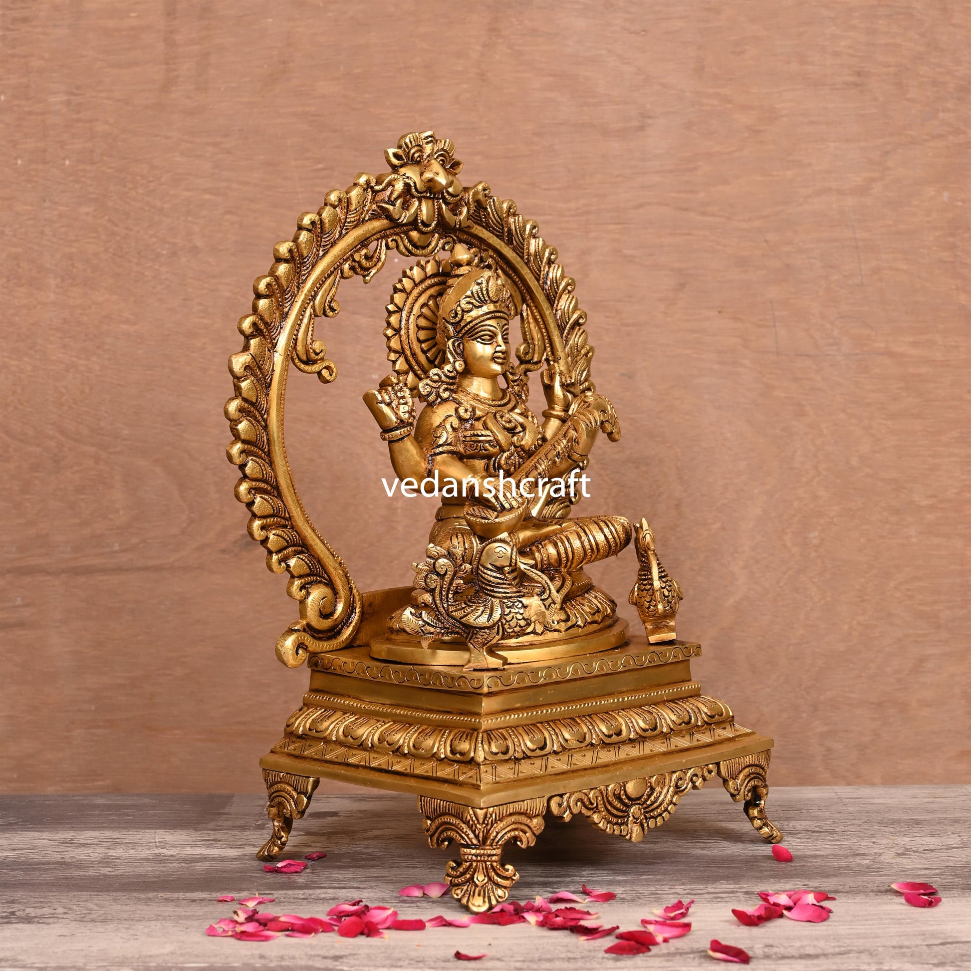 Brass Superfine Saraswati On Throne (14 Inch)